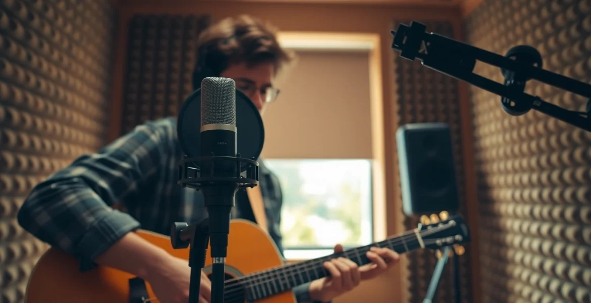 Capture the essence of the MV88 microphone used by a musician in a creative studio.