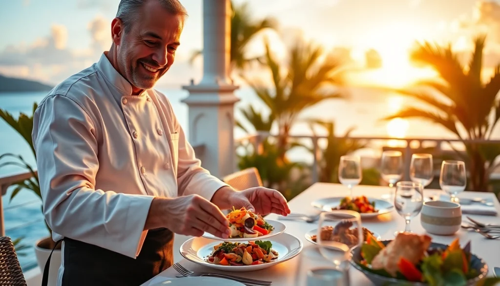 Experience the artistry of a Sint Maarten private chef crafting gourmet seafood dishes on a scenic terrace.