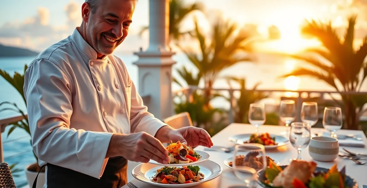 Experience the artistry of a Sint Maarten private chef crafting gourmet seafood dishes on a scenic terrace.