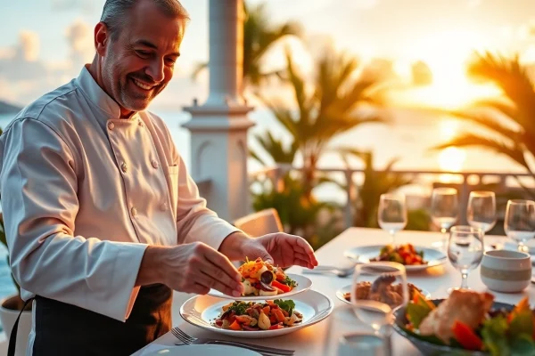 Experience the artistry of a Sint Maarten private chef crafting gourmet seafood dishes on a scenic terrace.