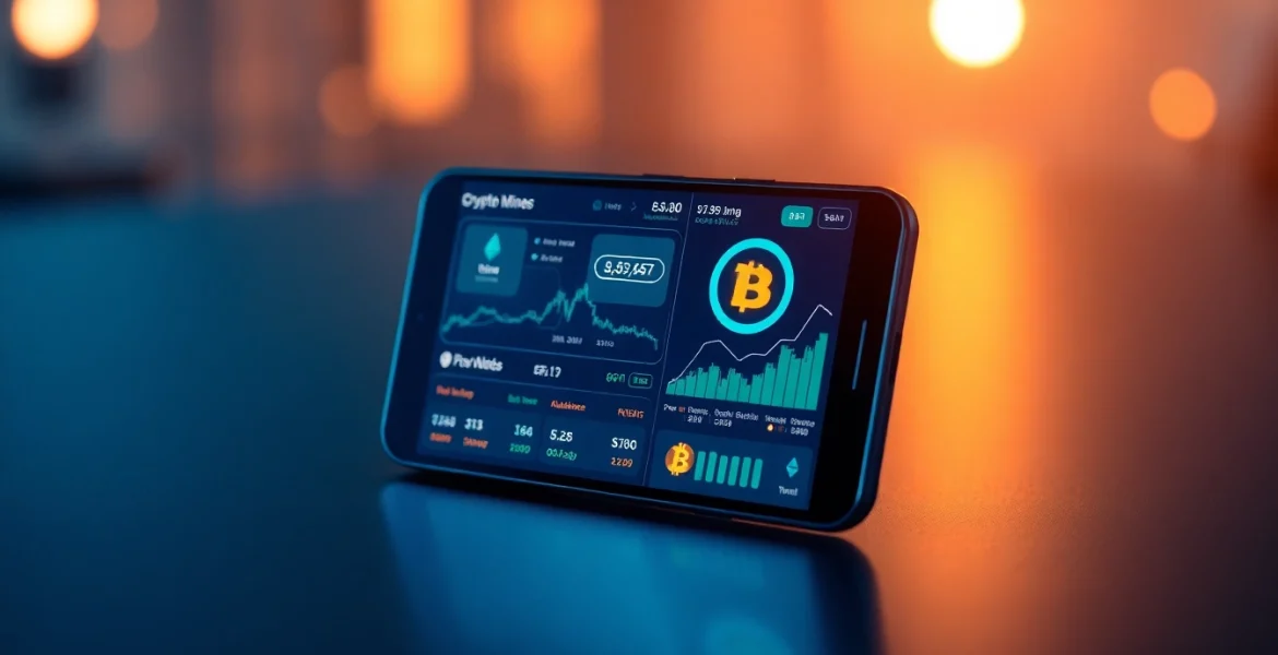 Crypto mining app interface showcasing live statistics and vibrant cryptocurrency graphics.