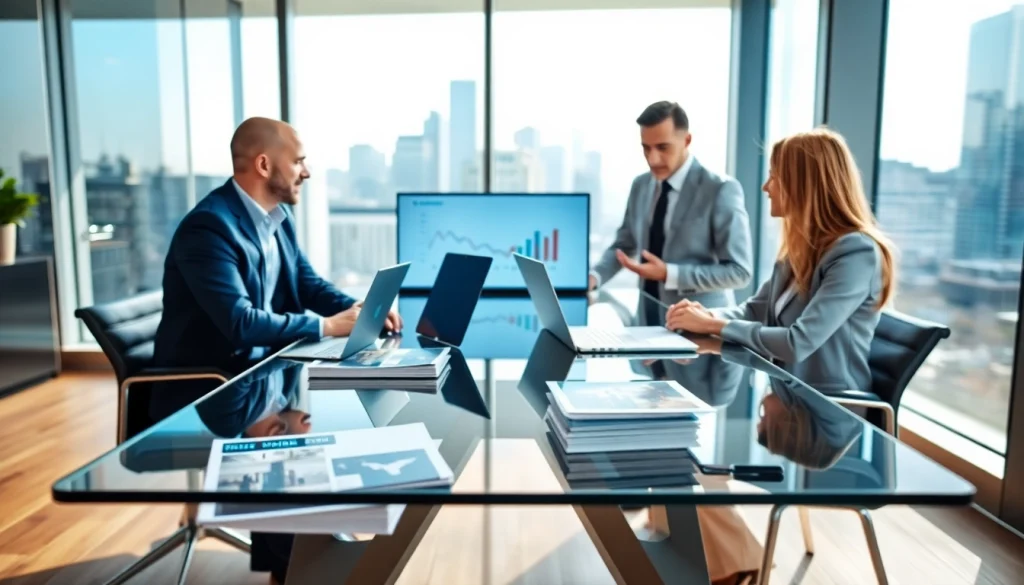 Engaging real estate meeting in a professional office highlighting market insights.