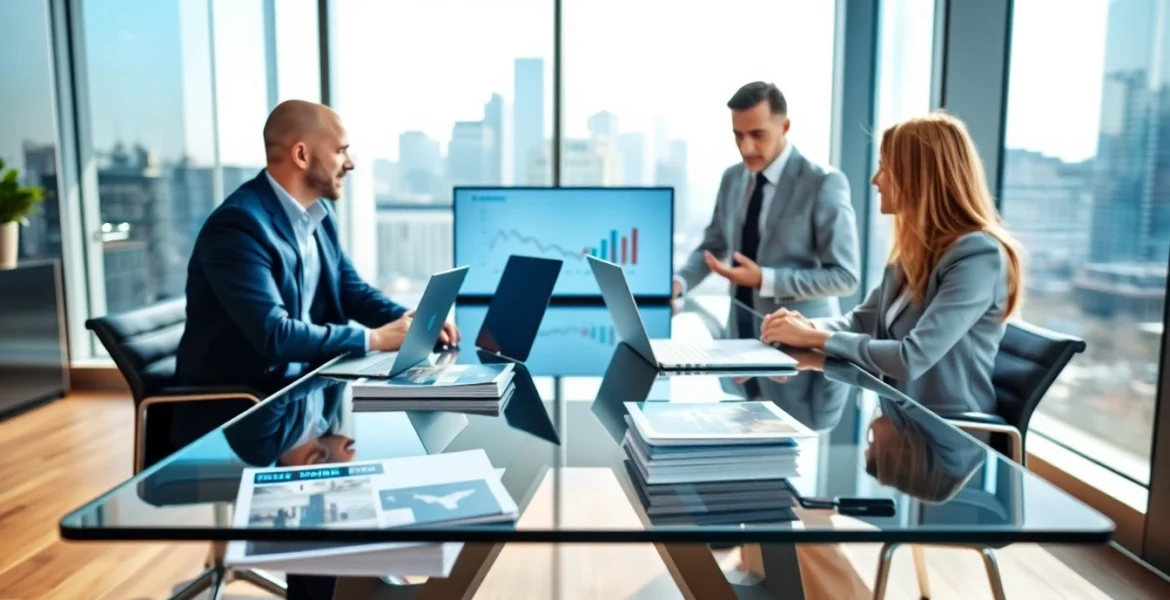 Engaging real estate meeting in a professional office highlighting market insights.