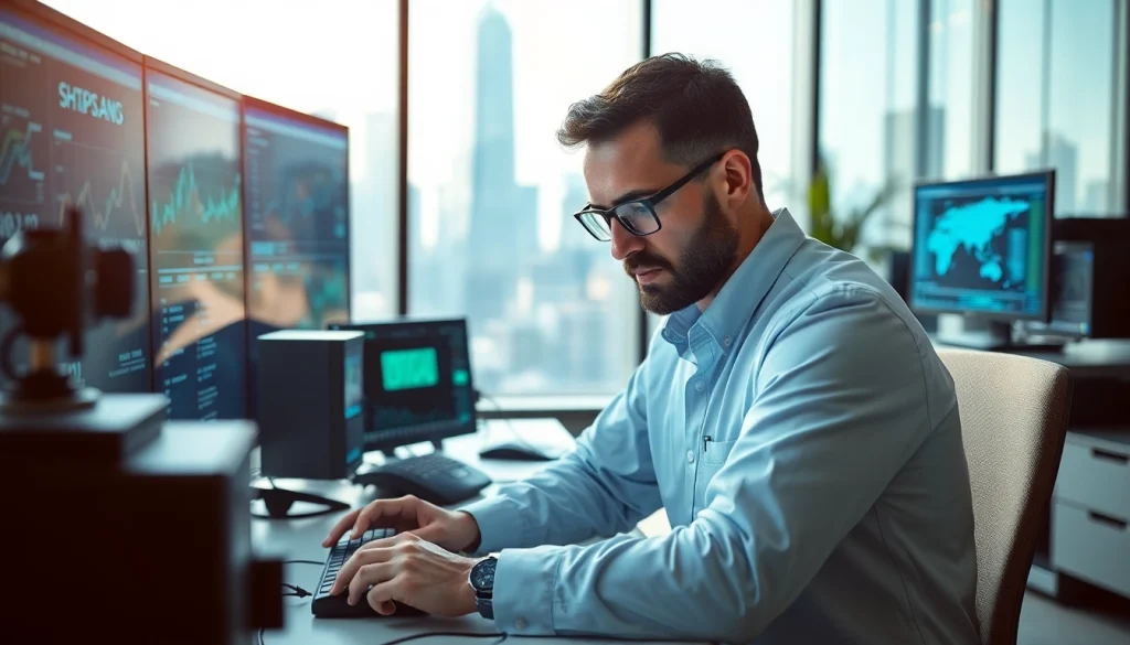 Engineer analyzing advanced Technology in a modern office delivers innovative insights.