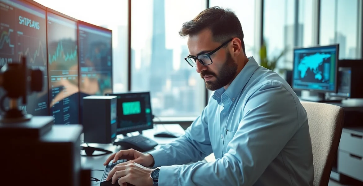 Engineer analyzing advanced Technology in a modern office delivers innovative insights.