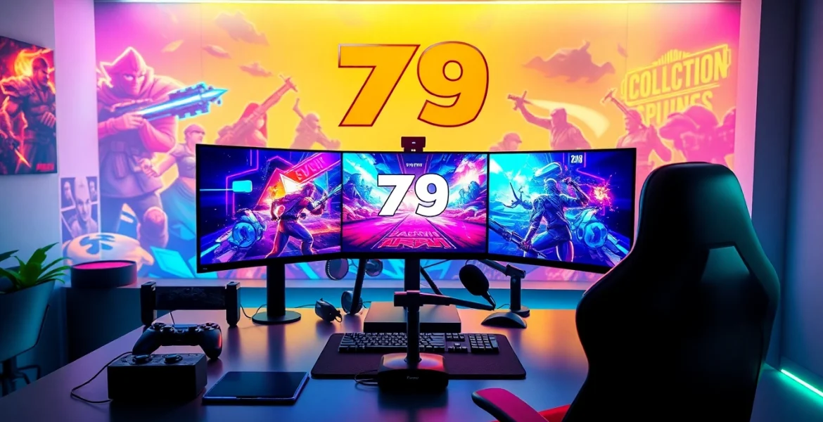 Engaging gaming setup with '79king' theme showcasing vibrant displays and interactive elements.