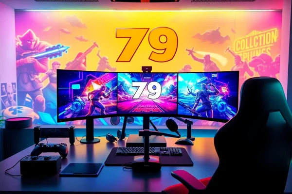Engaging gaming setup with '79king' theme showcasing vibrant displays and interactive elements.