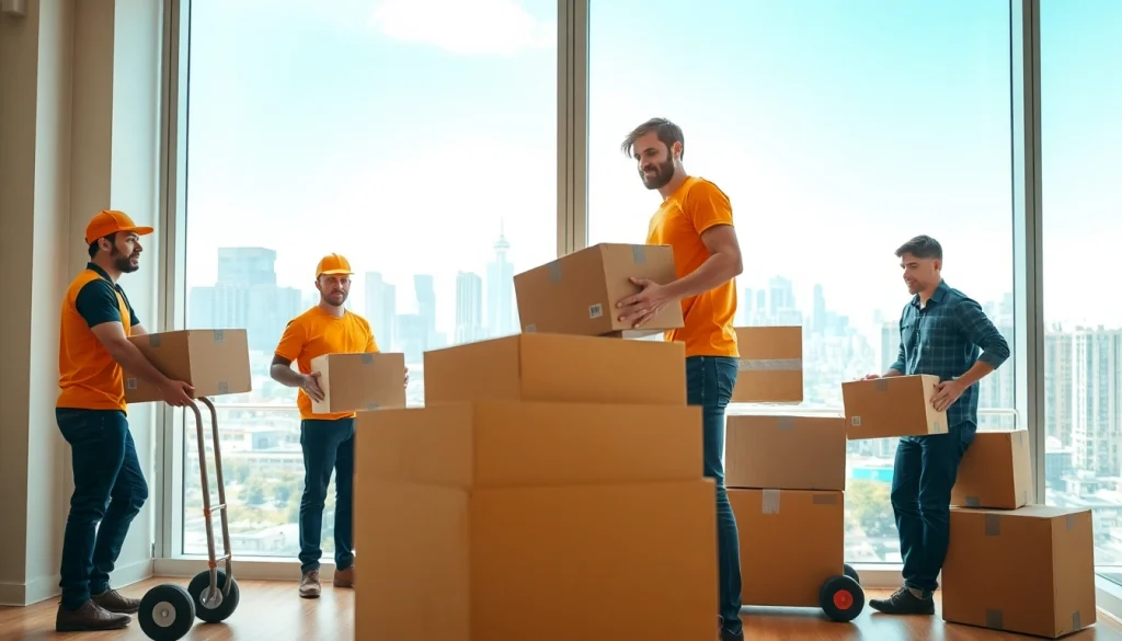 Efficient Toronto movers transporting boxes in an urban apartment setting.