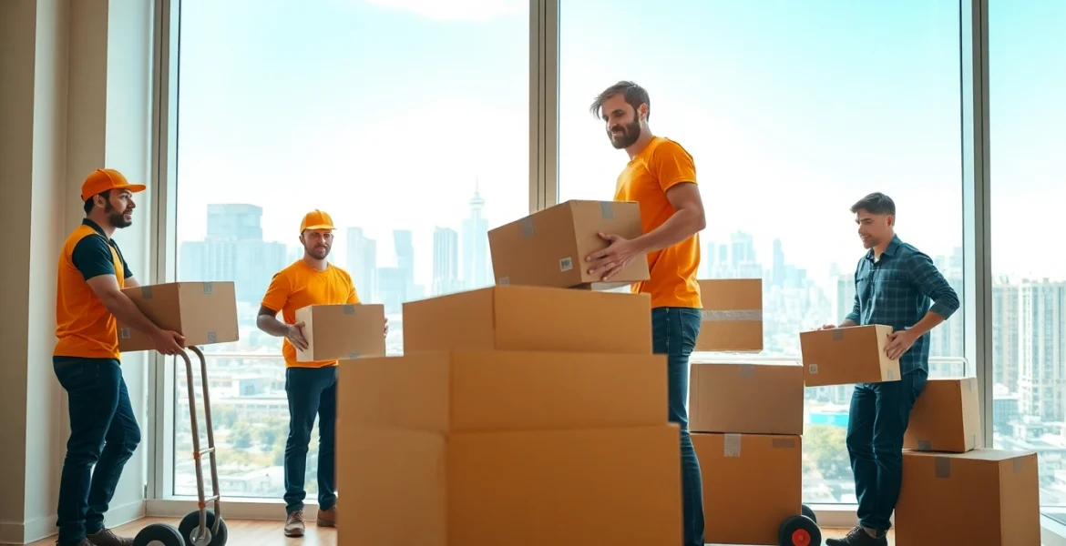 Efficient Toronto movers transporting boxes in an urban apartment setting.