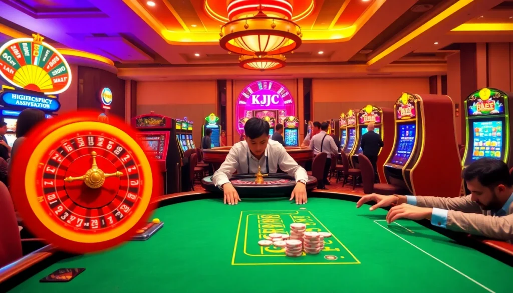KJC AC 1 casino scene showcasing poker, roulette, and vibrant slots.