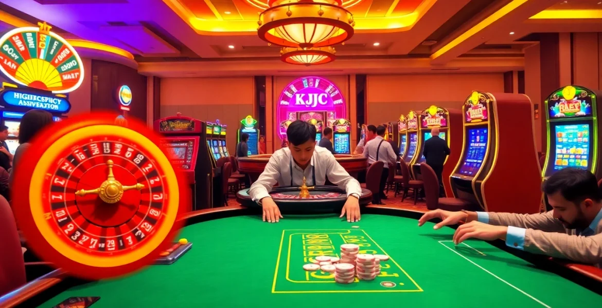 KJC AC 1 casino scene showcasing poker, roulette, and vibrant slots.