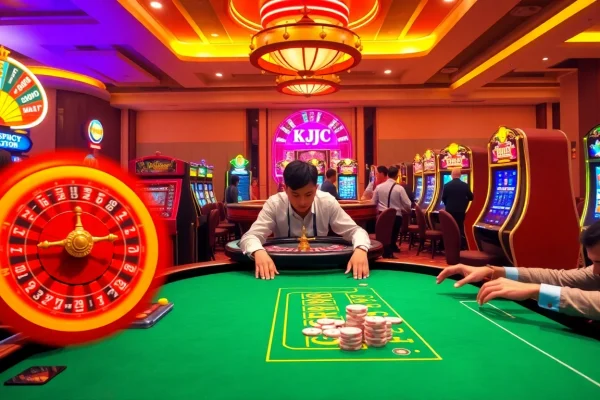 KJC AC 1 casino scene showcasing poker, roulette, and vibrant slots.