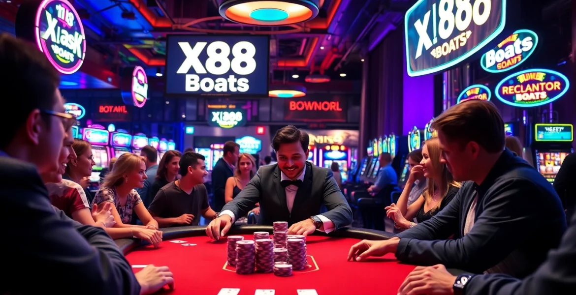 Experience the thrill of betting at XX88 Boats, where players engage at lively poker tables and slot machines.