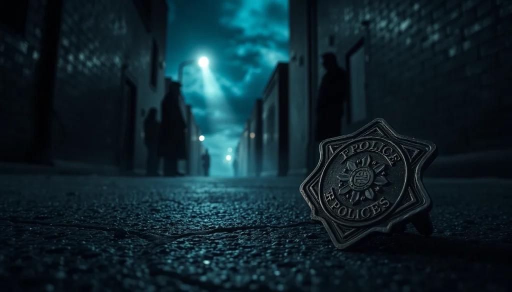 Rancid Badges showcases a tarnished badge in a shadowy alley, symbolizing betrayal.