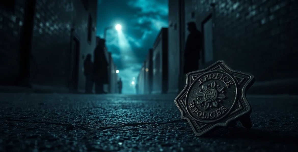 Rancid Badges showcases a tarnished badge in a shadowy alley, symbolizing betrayal.