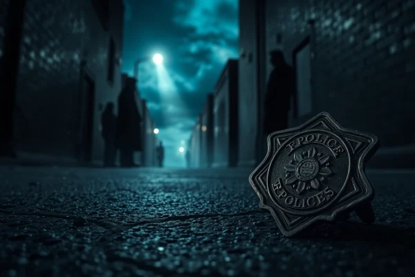 Rancid Badges showcases a tarnished badge in a shadowy alley, symbolizing betrayal.