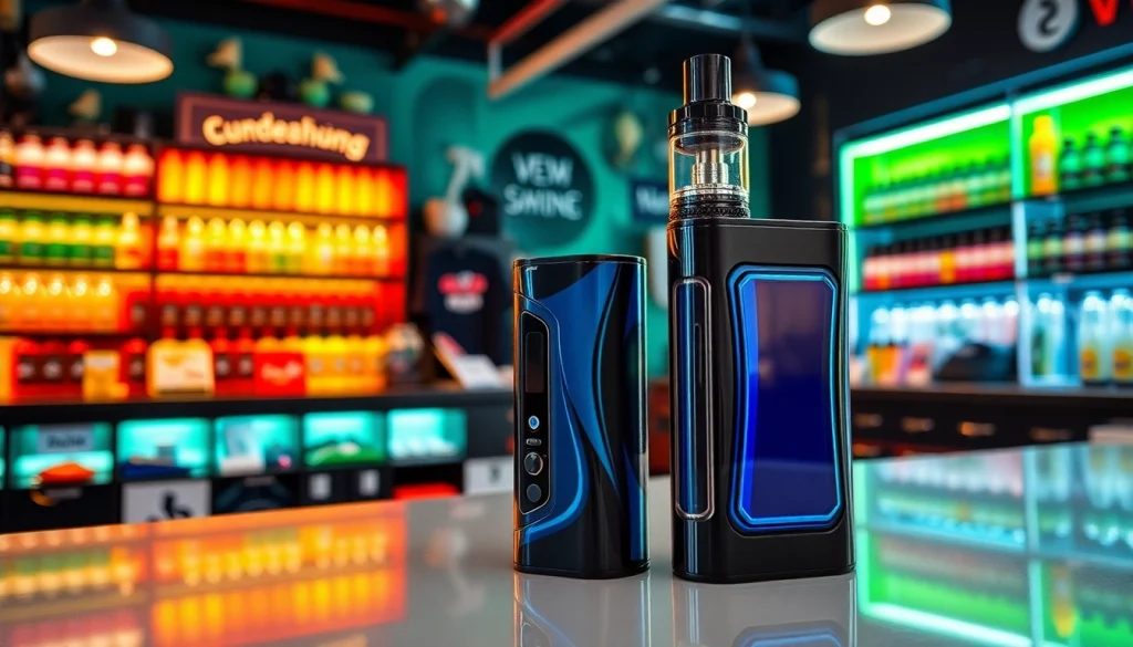 Oxva Gerät in einer modernen Vape-Shop Umgebung, die Vorzüge und Vielfalt der Produkte präsentiert.