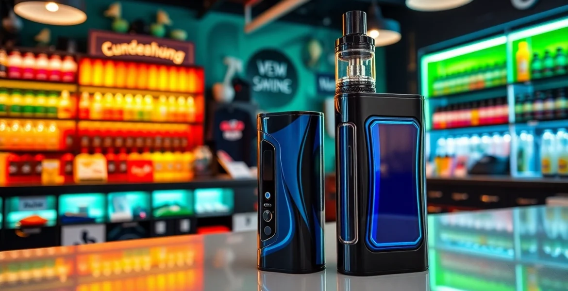Oxva Gerät in einer modernen Vape-Shop Umgebung, die Vorzüge und Vielfalt der Produkte präsentiert.