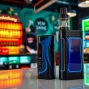 Oxva Gerät in einer modernen Vape-Shop Umgebung, die Vorzüge und Vielfalt der Produkte präsentiert.