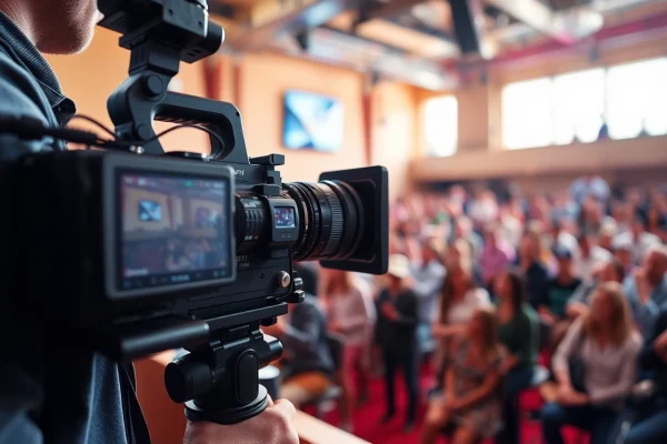 Engaging on-site videography capturing vibrant event moments with a professional camera setup.