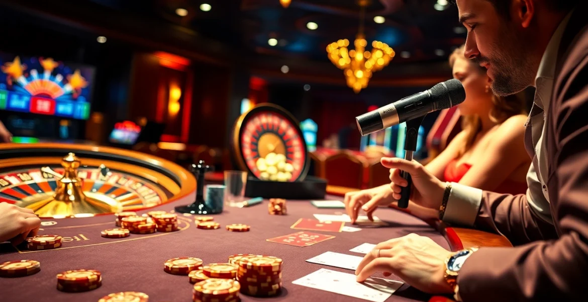 The MV88 microphone captures excitement at a luxury casino poker table with spinning roulette.