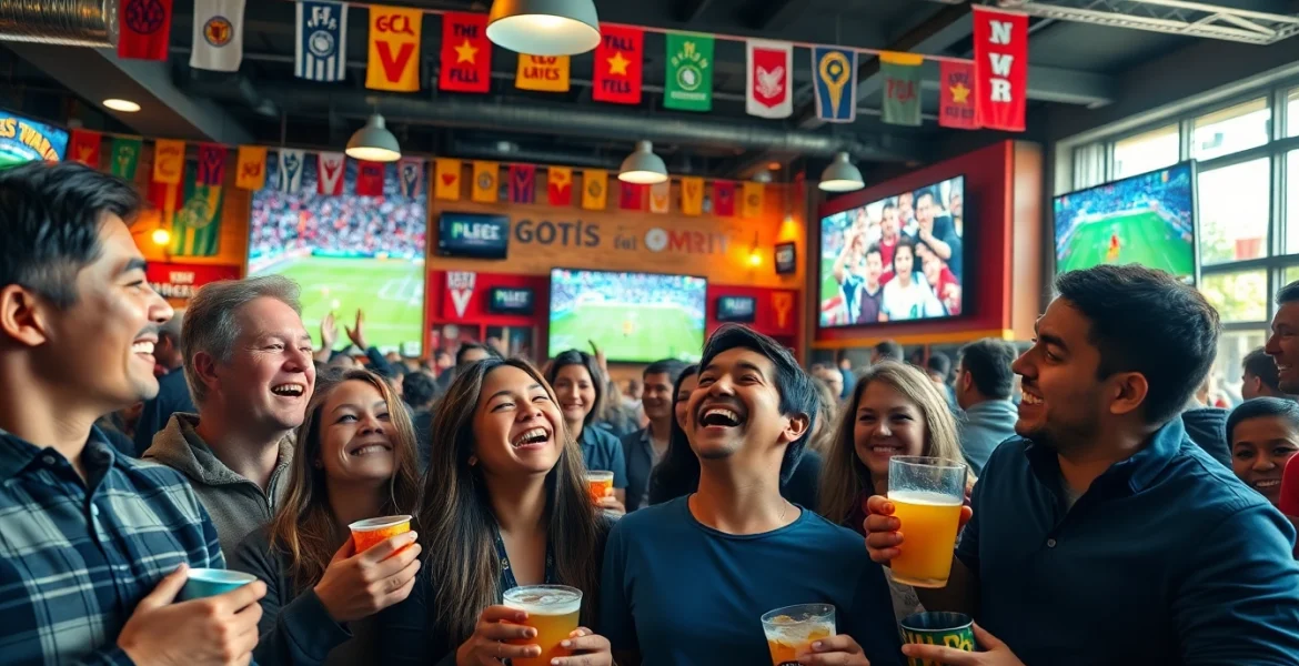 스포츠중계 보며 환호하는 팬들의 모습과 즐거운 분위기