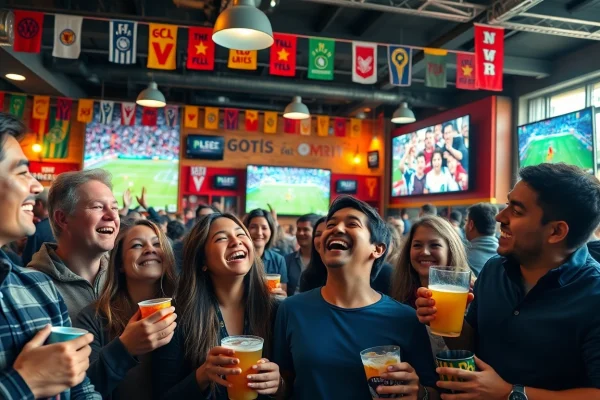 스포츠중계 보며 환호하는 팬들의 모습과 즐거운 분위기