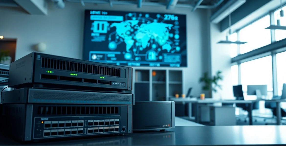 Explore network infrastructure components in a modern office setup highlighting connectivity and technology.