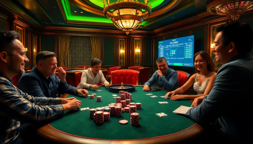 Enjoy an exhilarating poker game atmosphere featuring players at a table, showcasing the thrill of high-stakes gambling at https://tructiepbongda.eu.com/.