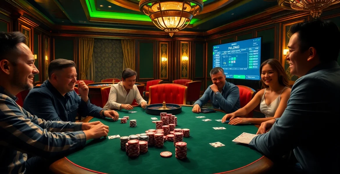 Enjoy an exhilarating poker game atmosphere featuring players at a table, showcasing the thrill of high-stakes gambling at https://tructiepbongda.eu.com/.