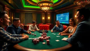 Enjoy an exhilarating poker game atmosphere featuring players at a table, showcasing the thrill of high-stakes gambling at https://tructiepbongda.eu.com/.