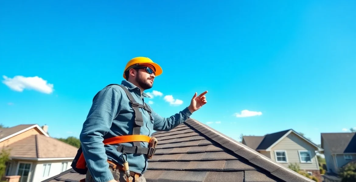 Significant contractor inspecting reliable roofing services on a suburban home roof.