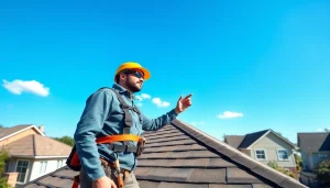 Significant contractor inspecting reliable roofing services on a suburban home roof.