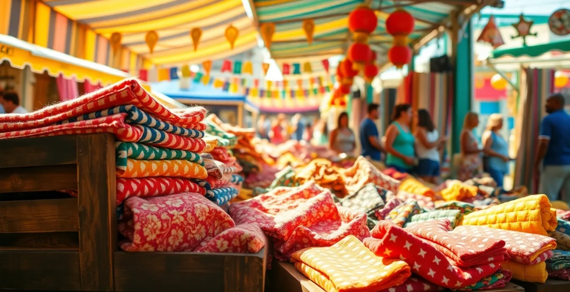 Wafel katoen in verschillende kleuren op een bruisende markt met blije shoppers.