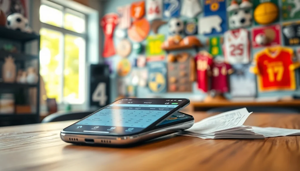 Engaging sports betting apps India displayed prominently on a smartphone amidst sports memorabilia.