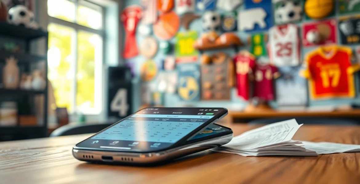 Engaging sports betting apps India displayed prominently on a smartphone amidst sports memorabilia.