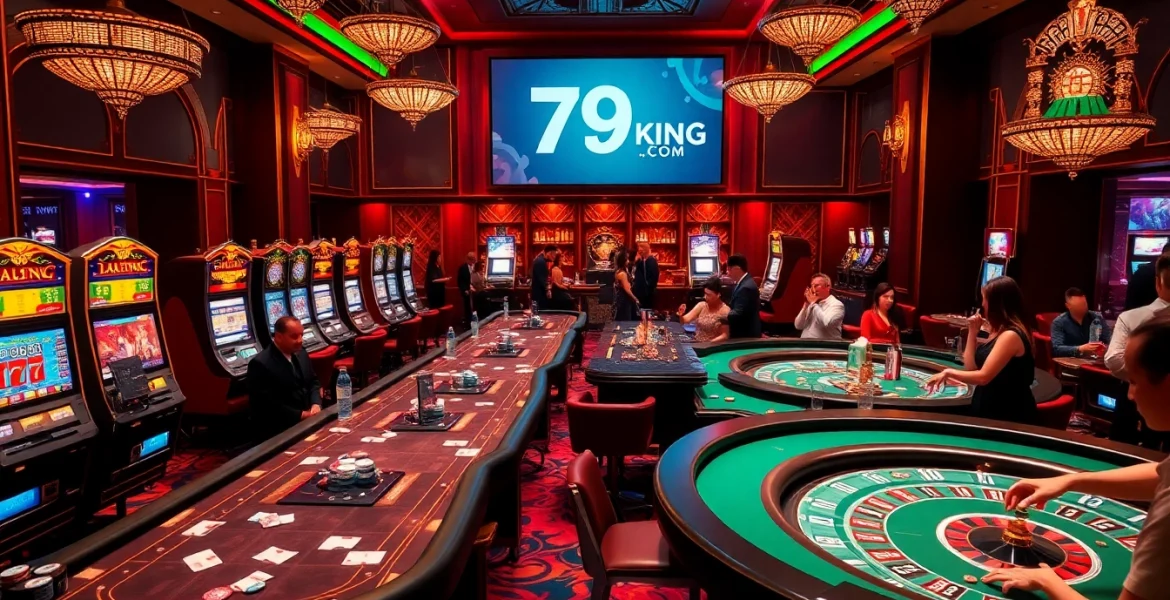 Gamblers enjoying a lively casino atmosphere at 79king com with vibrant tables and slot machines.