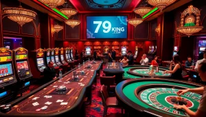 Gamblers enjoying a lively casino atmosphere at 79king com with vibrant tables and slot machines.