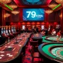 Gamblers enjoying a lively casino atmosphere at 79king com with vibrant tables and slot machines.