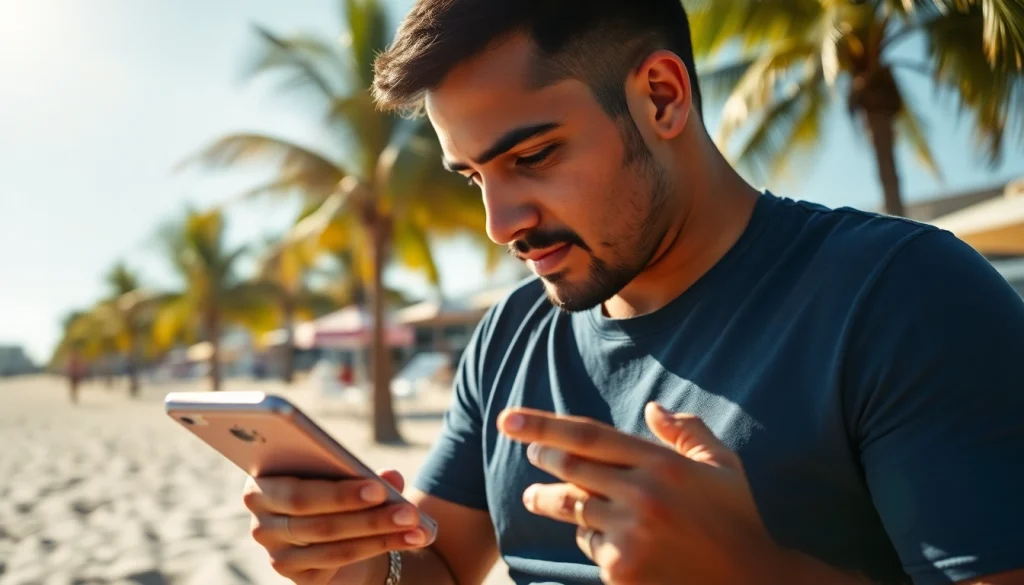 Engaging scene of sports betting in Mexico, showcasing an eager bettor using a mobile app on a sunny beach.