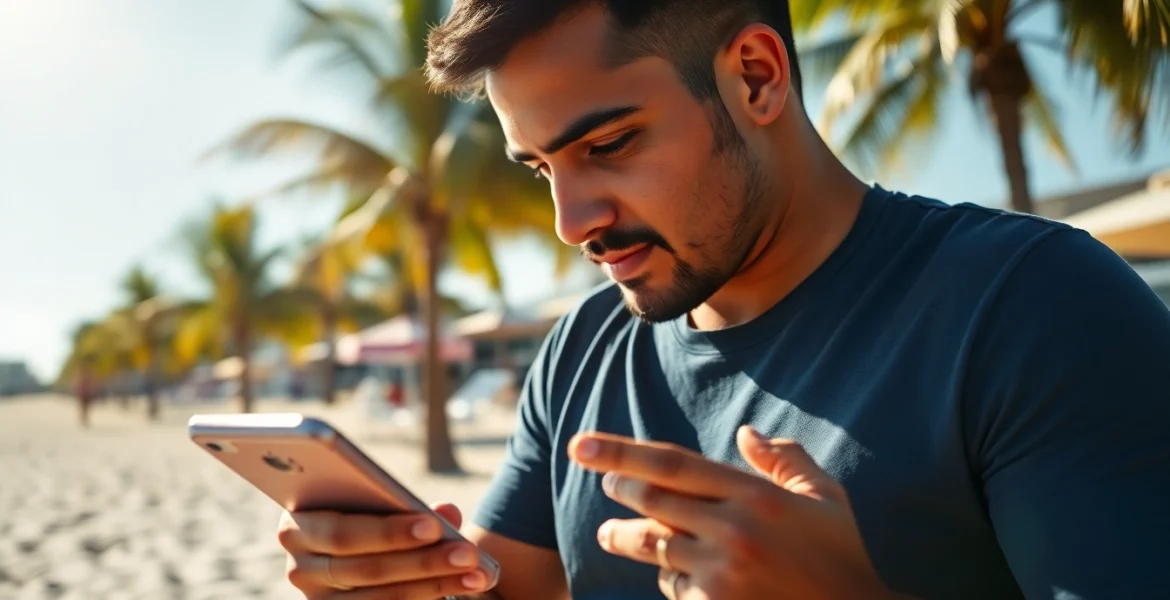 Engaging scene of sports betting in Mexico, showcasing an eager bettor using a mobile app on a sunny beach.