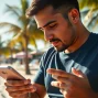 Engaging scene of sports betting in Mexico, showcasing an eager bettor using a mobile app on a sunny beach.