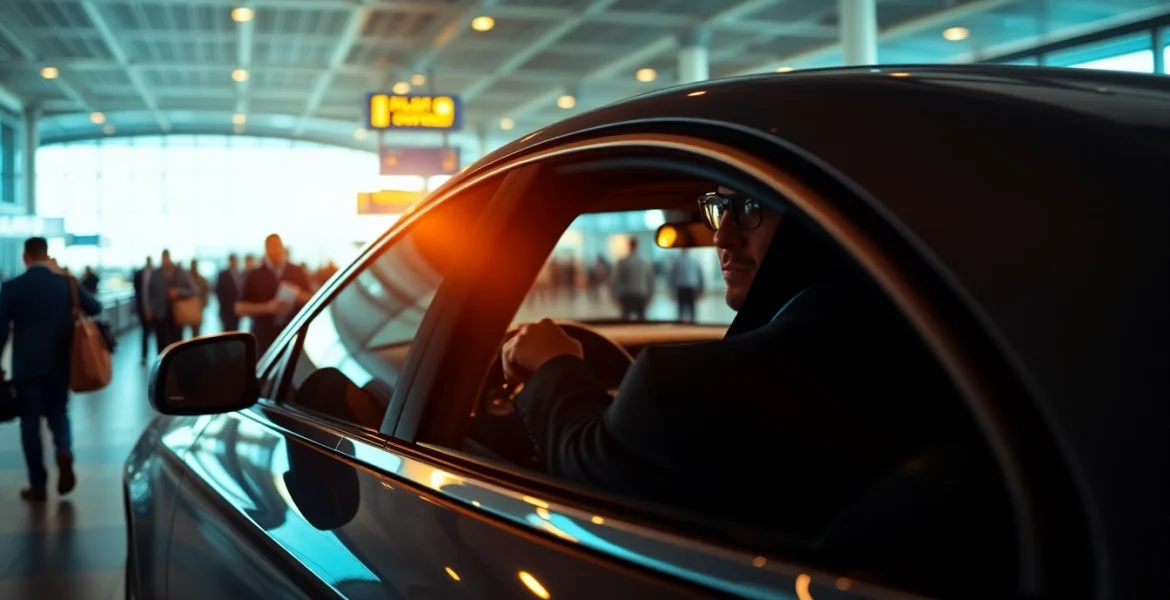 Engage with luxurious Chauffeur Services near me, featuring a professional chauffeur with a sleek sedan at an airport.