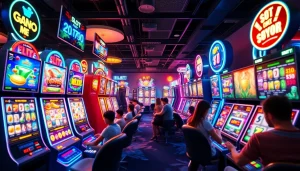 Dynamic online gaming scene featuring slot hoki machines and players engaging in a vibrant casino environment.