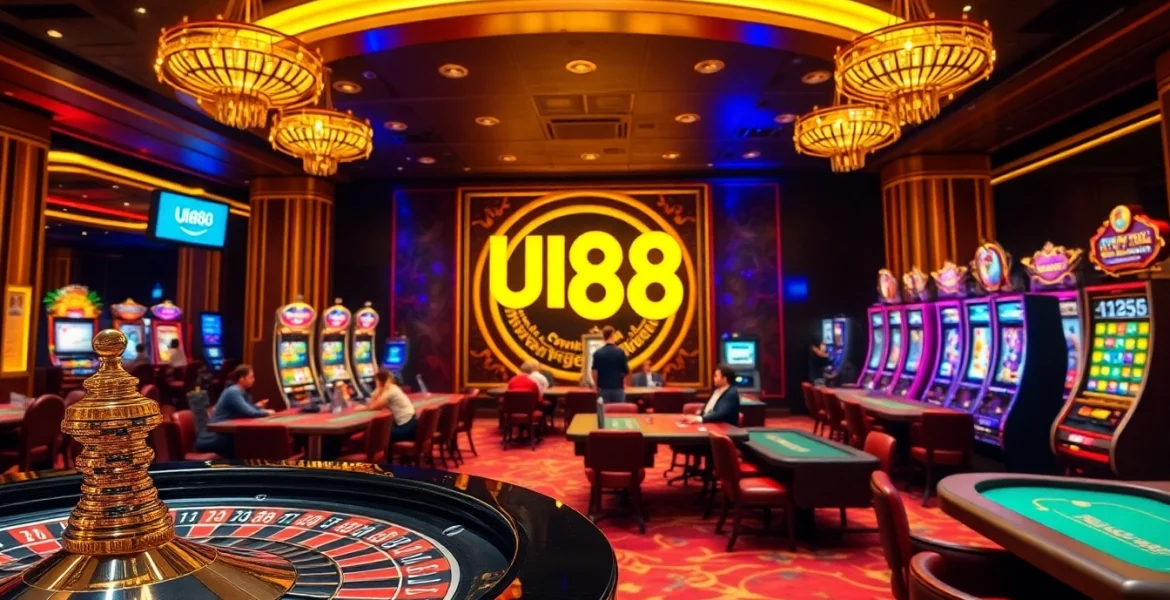 Exciting UU88 casino scene with vibrant gaming tables and players engaged in thrilling actions.