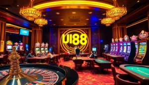 Exciting UU88 casino scene with vibrant gaming tables and players engaged in thrilling actions.