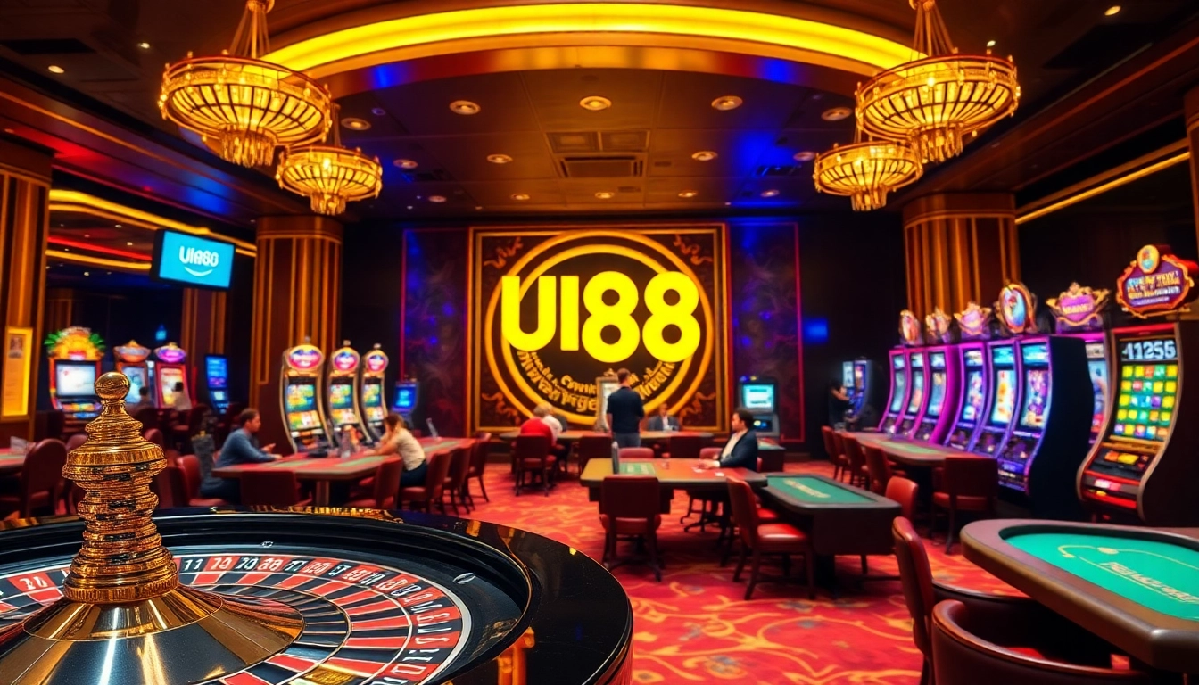 Exciting UU88 casino scene with vibrant gaming tables and players engaged in thrilling actions.