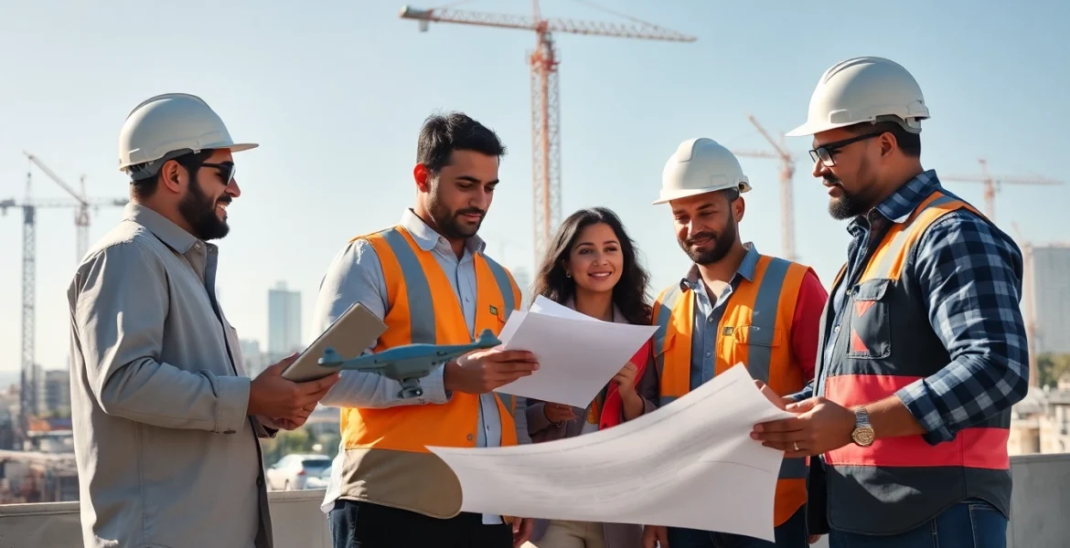 Showcase teamwork among Southern California contractors association members on a bustling construction site.