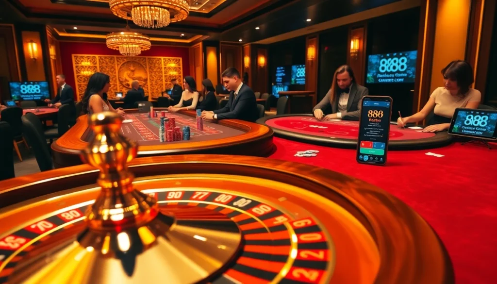 A high-stakes casino table scene featuring roulette and players engaging with https://888newco.com/ online gambling interface.