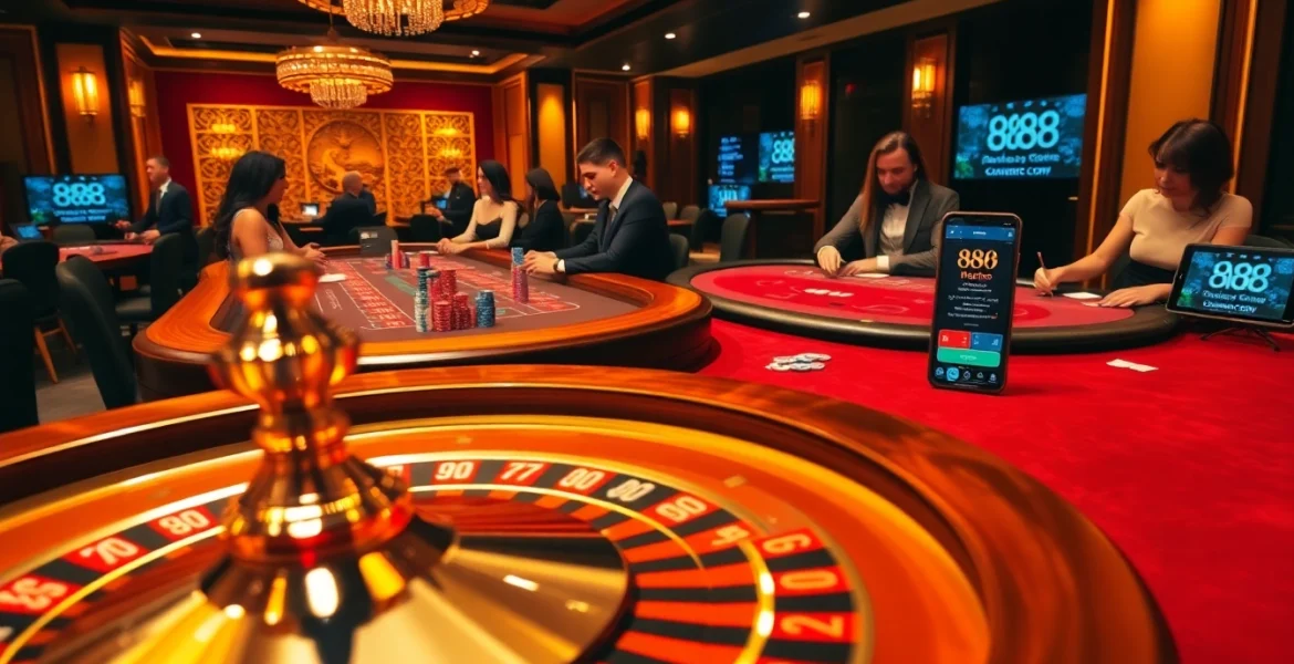 A high-stakes casino table scene featuring roulette and players engaging with https://888newco.com/ online gambling interface.